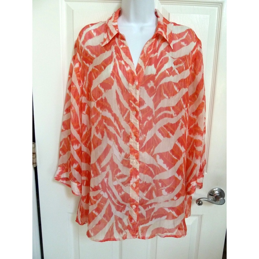 Chicos Size 3 XL 16/18 Sheer 3/4 Sleeve Button Up Blouse Pink White Abstract